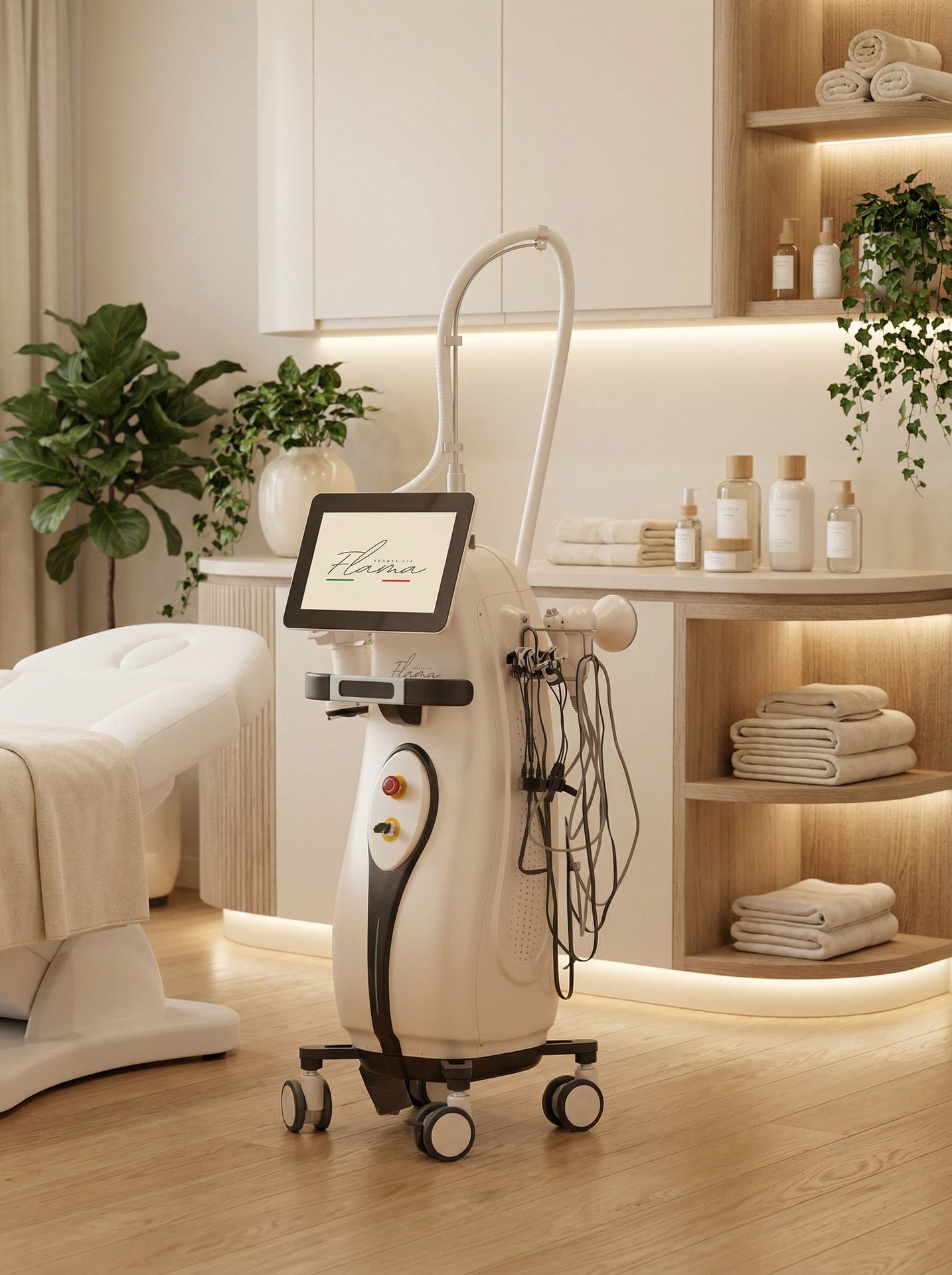 Cabina estetica con tecnologia Flama Beauty Tek in un ambiente elegante e accogliente